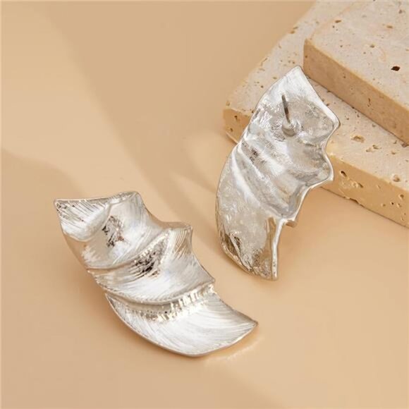 Gold Big Wavy Pleated Stud Earrings | Silver Irregular Geometric Statement - Picture 4 of 5